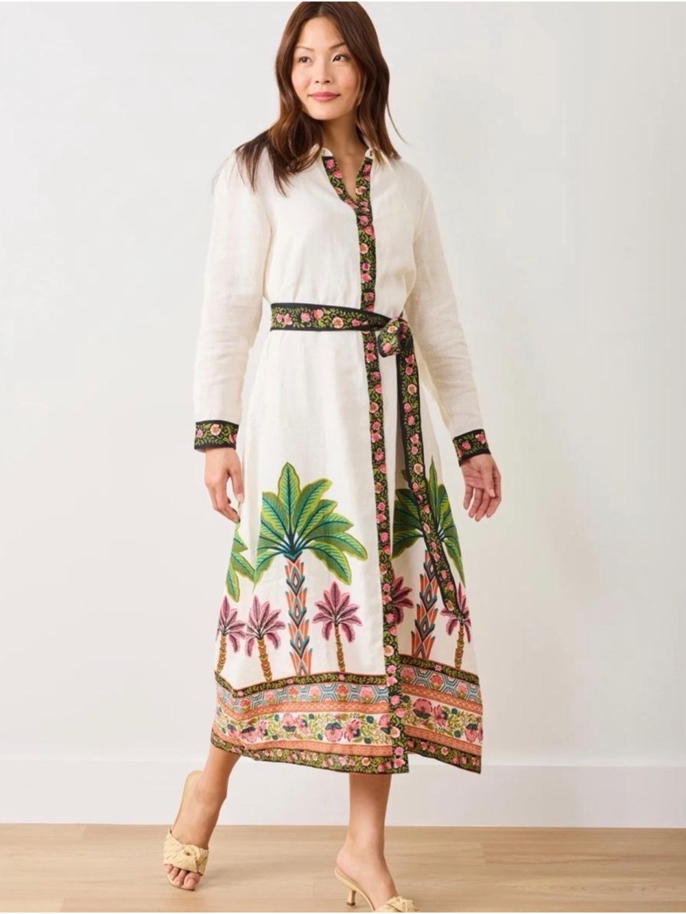 NWT Printfresh Embroidered Linen Blend Midi Shirt Dress Cream Palm Tree Sz S